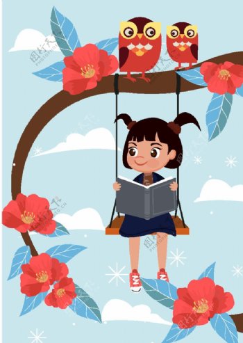 创意花树秋千上读书的女孩