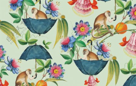 手绘插画猴子叶子花朵与雨伞