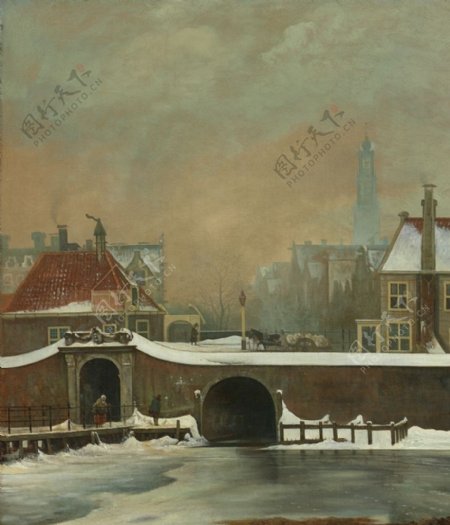 手绘复古插画雪后房子与桥