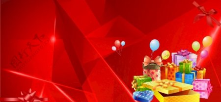 红色背景气球礼品盒