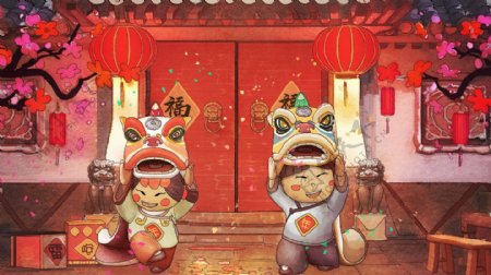 新年舞狮春节人物插画卡通背景