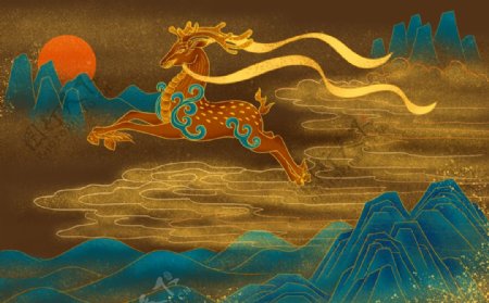 仙鹿国风传统插画卡通背景素材