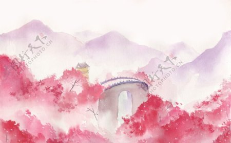 粉色花丛国风插画卡通背景素材