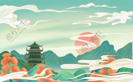 山水传统古风国风插画背景素材