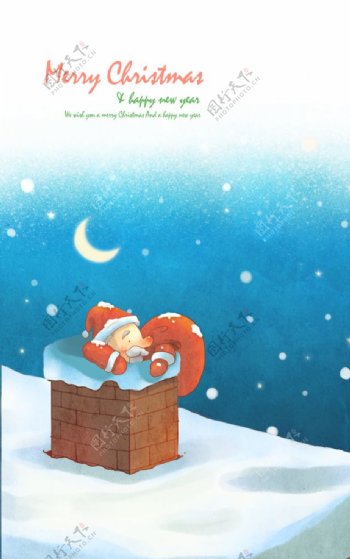 雪天圣诞老人场景唯美水彩风插画