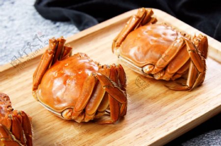 螃蟹木桌美食食材背景素材图片