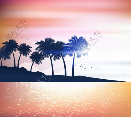 大海岛屿椰子树剪影图片