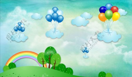 儿童卡通彩虹气球背景墙图片
