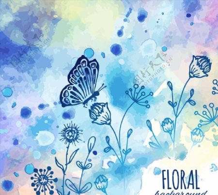 蓝色花卉和蝴蝶图片