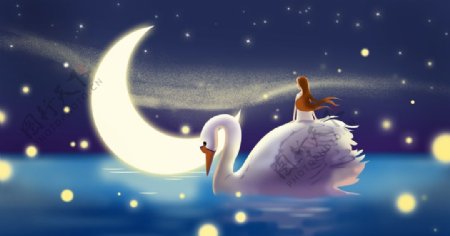 月亮天鹅人物插画卡通海报素材图片
