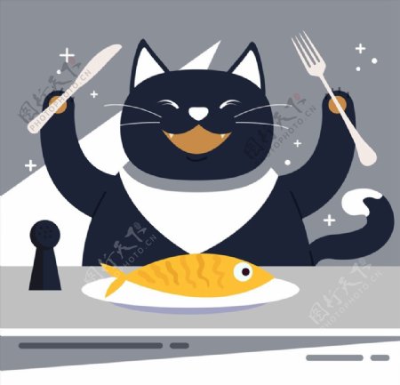 开心进餐的黑猫图片