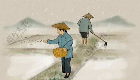谷雨傳統節日插畫卡通背景素材圖片