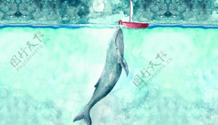 小船钓鲸鱼儿童绘画装饰图图片