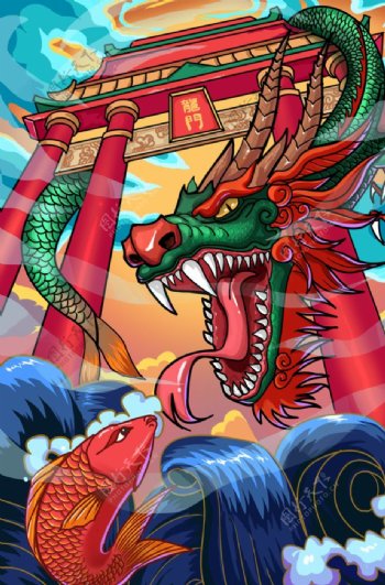 鲤鱼龙门传统插画背景海报素材图片