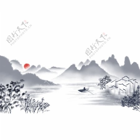 中国风手绘水墨风景山水徽派建筑图片