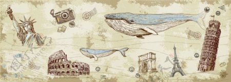 鲸鱼复古欧式背景墙背景海报素材图片