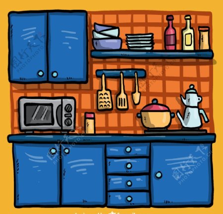 卡通蓝色厨房图片