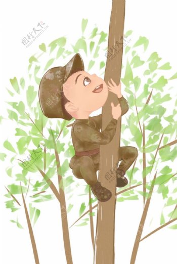 爬树的顽皮学生插画图片