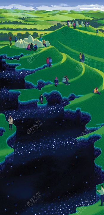 梯田河流人物游戏场景背景素材图片