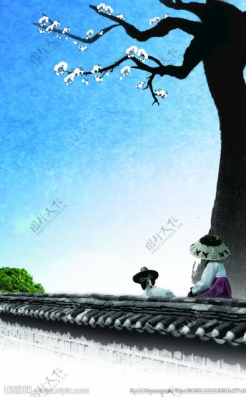 中国风背景传统文化韩国屋顶图片