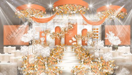 白橙色婚禮主舞臺效果圖圖片