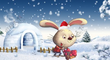 圣诞节小白兔送礼物卡通插图