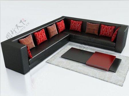 黑色皮革沙发组合3d模型下载