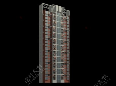 褐色外观独栋高层住宅楼3D模型