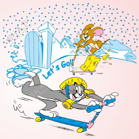 印花矢量图可爱卡通卡通形象猫和老鼠滑板车免费素材