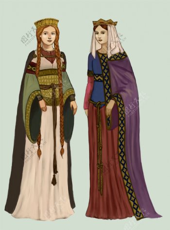 欧洲中世纪服饰插图图片