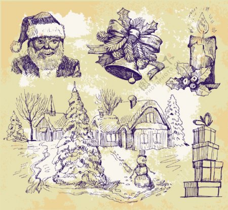 圣诞节雪人等周边素描画矢量素材