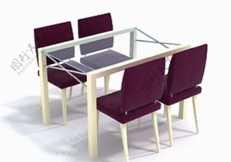 暗红色4座餐桌椅组合3D模型