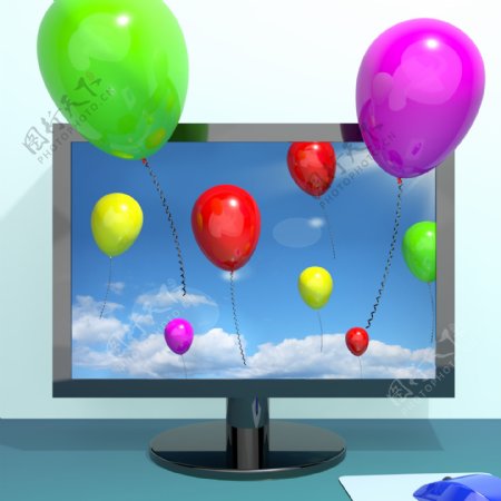 天空中的节日丰富多彩的气球和走出屏幕在线庆祝