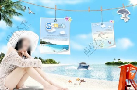 美女沙滩风景设计图片