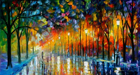 油画秋季夜雨图片