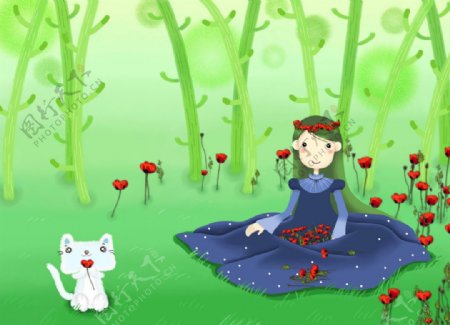 頭戴小花的坐在樹林的女孩