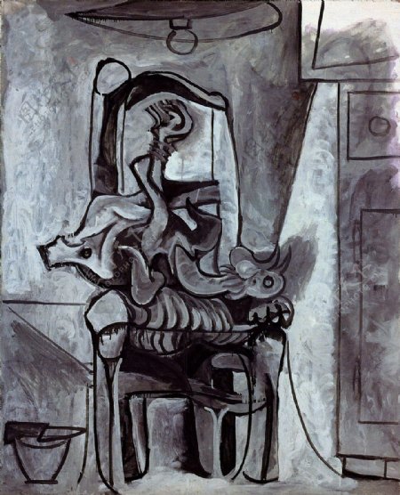 1962Coqsurunechaisesouslalampe西班牙画家巴勃罗毕加索抽象油画人物人体油画装饰画