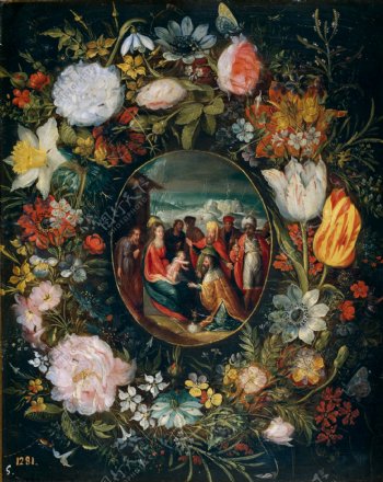 BrueghelelJovenPieterGuirnaldaconlaAdoraciondelosReyesMagos花卉水果蔬菜器皿静物印象画派写实主义油画装饰画
