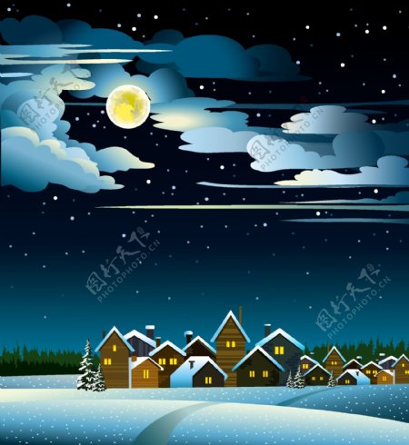 迷人的冬天的夜晚景观设计矢量图04