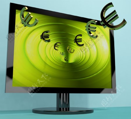 从计算机屏幕上显示的钱投资和获得欧元符号