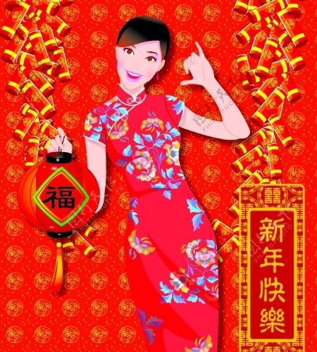 中国红色旗袍美女拜年矢量图