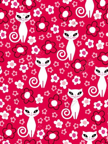 红色背景卡通猫装饰图案壁纸