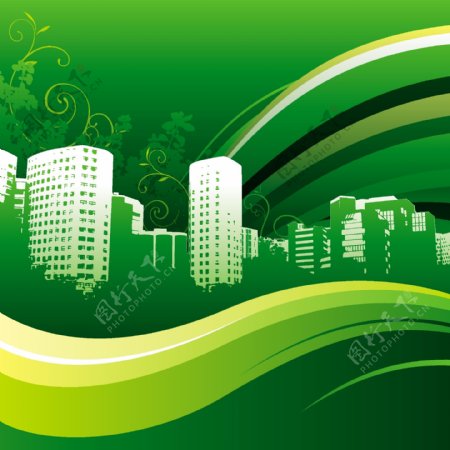 绿色系城市剪影矢量素材