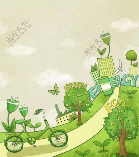 绿色环保脚踏车树图片