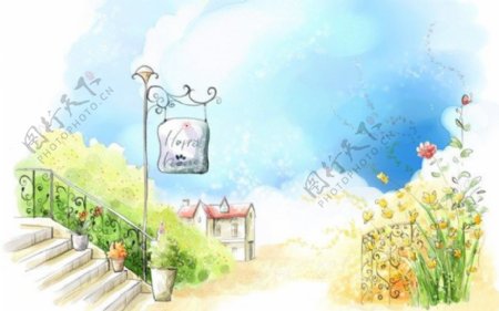 韩风手绘水彩插画街景