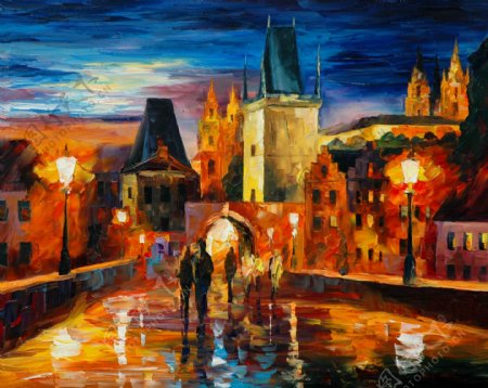 油画布拉格之夜图片