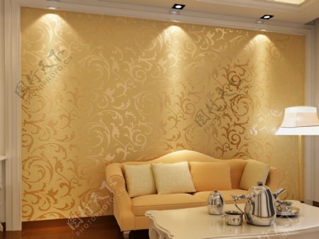 金黄欧式莨苕叶沙发背景墙纸灯光下壁纸图片