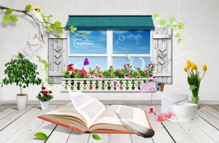 小窗户前的书本和花朵