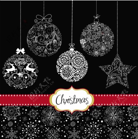 黑色和白色的圣诞饰品卡片模板