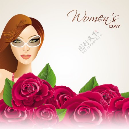 三八妇女节贺卡或海报与现代时尚的眼镜女孩玫瑰装饰背景设计